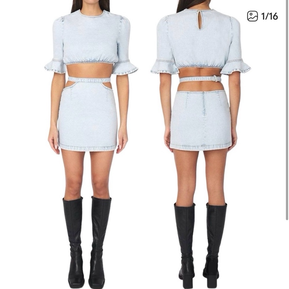 New We Wore What Matching Set Denim Cut Out Waist Mini Skirt & Crop Top Size M